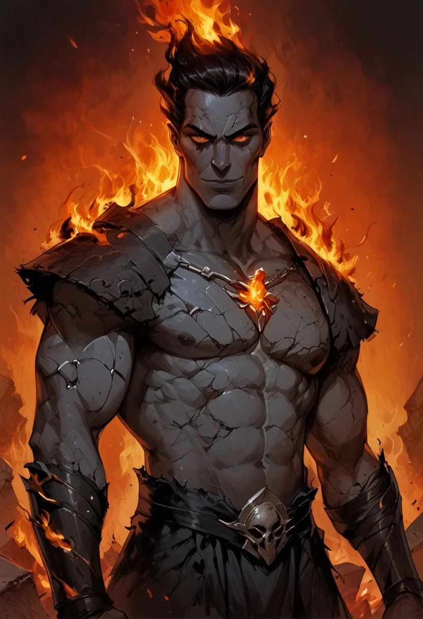score_9, score_8_up, score_7_up, BREAK, 1men portrait, dramatic lights ((Mature and imposing, barbarian, fighter, human, grey skin, grey colored skin, cracked skin, cracks on skin, CrackedMagma, orange eyes, glowing eyes, friendly smile, scars, scars on face, multiple scar, vulcanic,magma cracks, magma, covered with black flame, black flame aura, black flames, black fire, dark fire, Cracked Porcelain, Cracked Porcelain skin, stone skin,))
<lora:Fant5yP0ny:0.6> <lora:fantasy_world_pony:0.9>
<lora:Cherry-Gig:0.55>