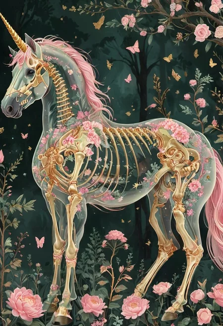 ral-granlum, flat illustration of a delicate unicorn with intricate pink patterns adorning its skeletal structure, side view. The creature stands amidst a serene forest backdrop, surrounded by various trees, flowers, and butterflies. Its body is outlined with metallic gold. The color palette is dominated by soft pastels, with the creature's skeleton being the most prominent feature, contrasting beautifully with the floral elements.