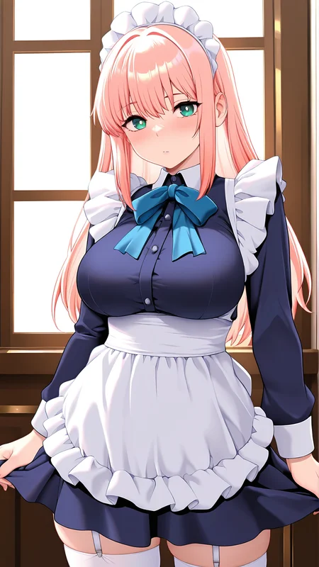 amazing quality,absurdres,best quality,masterpiece,highres,newest,detailed,detailed body,detailed face,masterpiece,best quality,solo,
Lewdness Leccion,1girl,solo,maid,skirt,green eyes,long hair,white thighhighs,pink hair,<lora:Lewdness Leccion:0.8>,