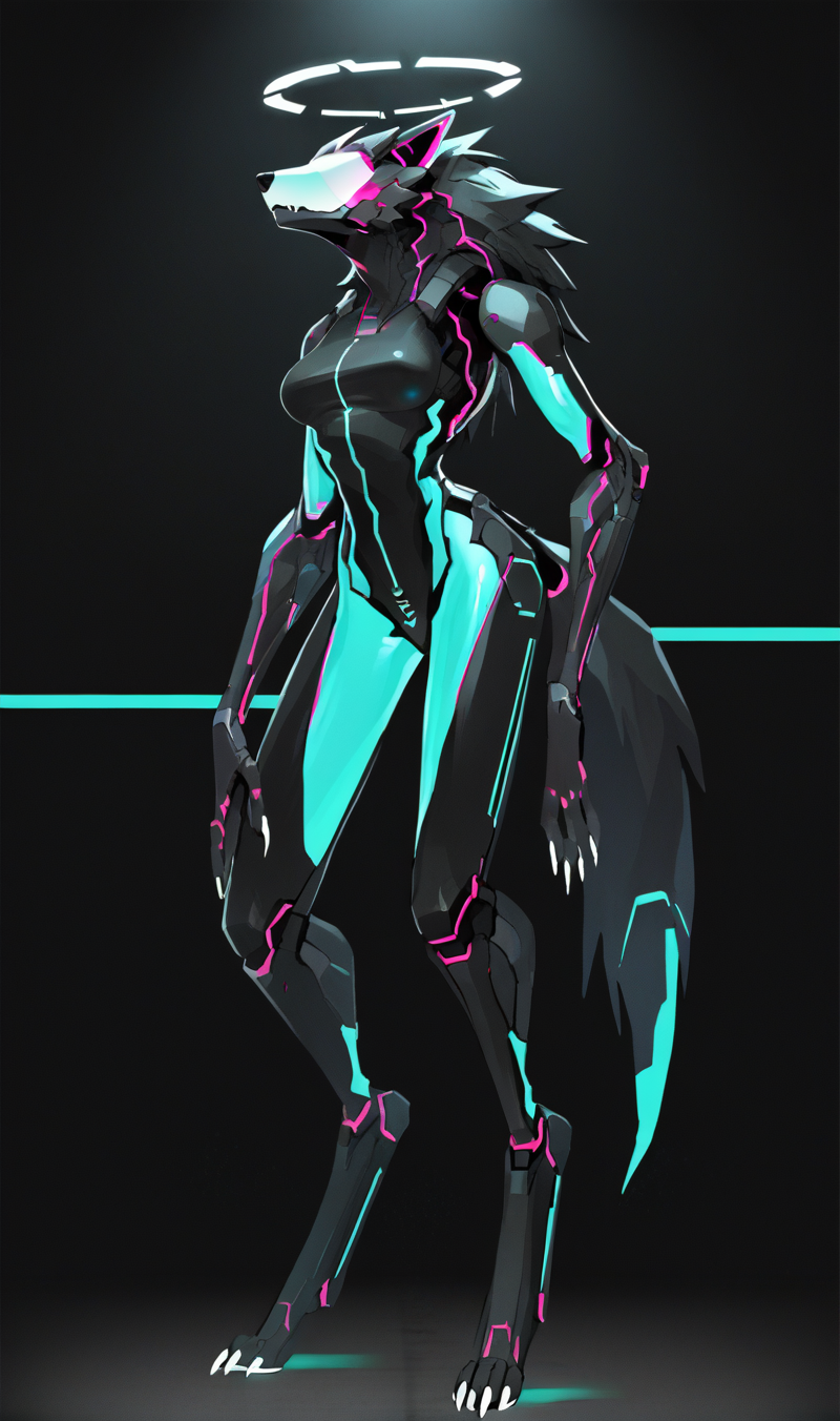 Score_9, score_8_up, score_7_up, score_6_up,  source_anime, 1girl, solo, full body, black backdrop, robot girl,  neon trim, glowing bodysuit, halftones, medium breasts, halo, glowing visor,  <lora:HORiZON_DOLLS_by_EchanisEnicha-000010:1>, BREAK, digitigrade, claws, wolf head, werewolf, wolf, woman, source_furry