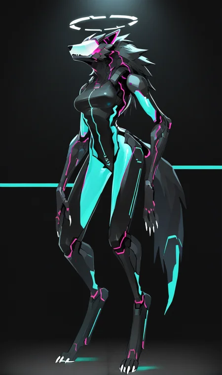 Score_9, score_8_up, score_7_up, score_6_up, source_anime, 1girl, solo, full body, black backdrop, robot girl, neon trim, glowing bodysuit, halftones, medium breasts, halo, glowing visor, <lora:HORiZON_DOLLS_by_EchanisEnicha-000010:1>, BREAK, digitigrade, claws, wolf head, werewolf, wolf, woman, source_furry