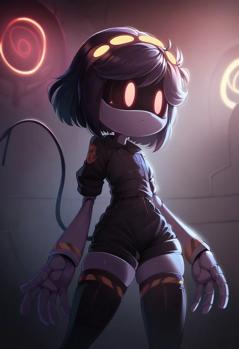2D, score_9, score_8_up, score_7_up, score_6_up, score_5_up, detailed background, atmospheric shading, thin, dramatic lighting, (masterpiece), solo, best quality, expressive eyes, perfect face, perfect hands,
skindentation, detailed, cute, colored, good eyes, outdoors, dark setting, interior, sdV, black Hair, Red Eyes, Robot, Visor, Tail, Black Jacket, Thighhighs, light grey shirt, black shorts, cute, N murder drones,