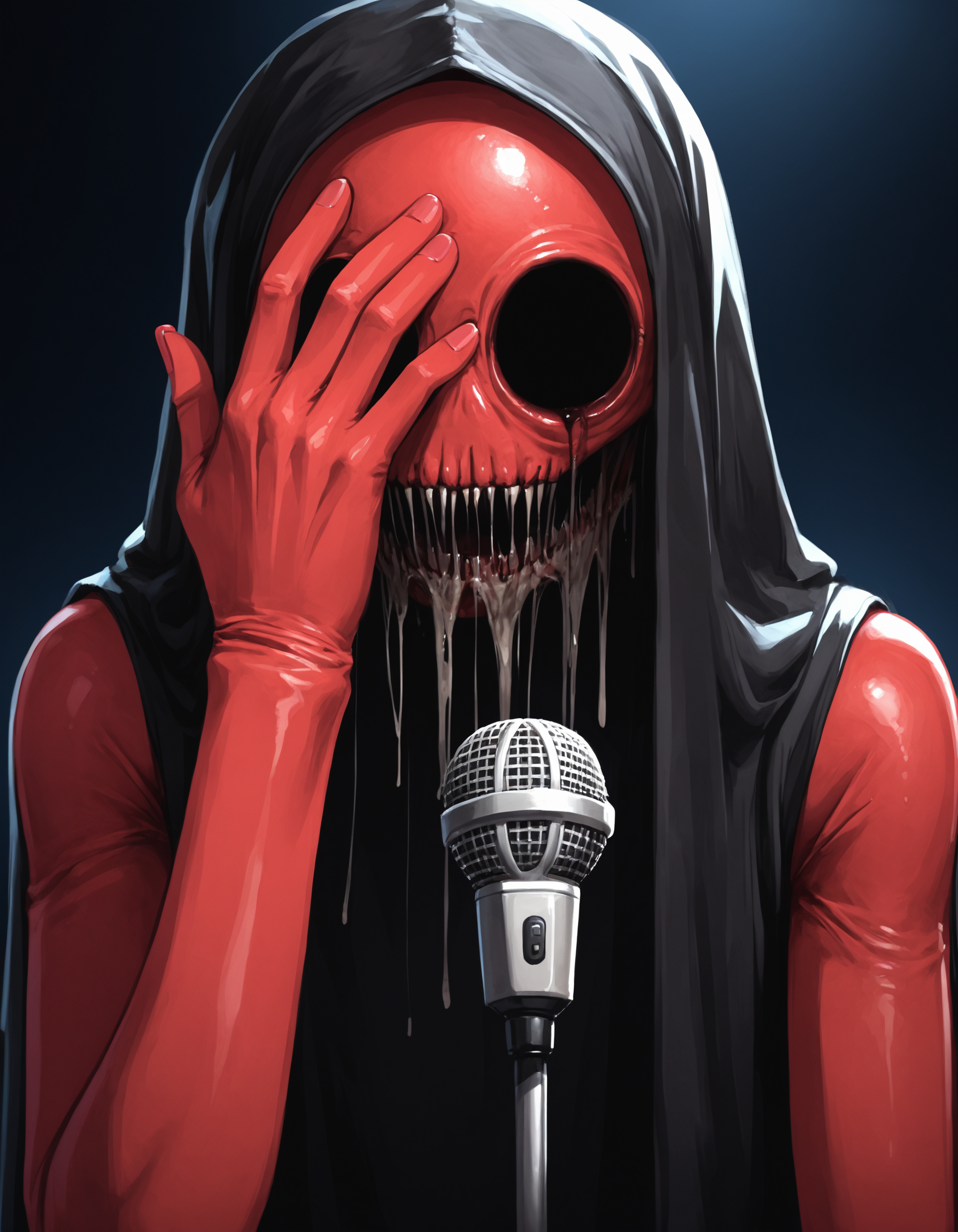 score_9, <lora:The_Grey_Ones:0.6> gr4y0ne, horror \(theme\), alien cultist, large black eyes, close up, withered skin, black veil, solid eyes, concert hall background, upper body, microphone, vibrating waves, folded hands, red skin, speech
