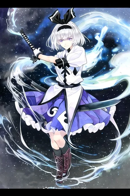 solo, 1girl, solo_focus, ((too many)):16,
watercolor (medium), traditional media,
konpaku_youmu_(koumajou_densetsu), solo, 1girl, black_hairband, short_hair, cross-laced_footwear, hairband, lace-up_boots, sheath, sword_on_back, silver_hair, hair_ribbon, short_sleeves, white_hair, purple_eyes, fingerless_gloves, serious, argyle_cloth, grey_eyes, hitodama, black_legwear, black_ribbon, brown_footwear, checkered_clothes, checkered_sweater, collared_shirt, expressionless, fighting_stance, messy_hair, neck_ribbon, sleeves_rolled_up, undershirt, black_footwear, black_headband, blue_eyes, dual_wielding, katana, platform_footwear, puffy_short_sleeves, scabbard, spandex, white_shirt, black_ascot, black_skirt, bob_cut, grey_hair, light_smile, lips, medium_breasts, ankle_boots, argyle_shirt, black_socks,