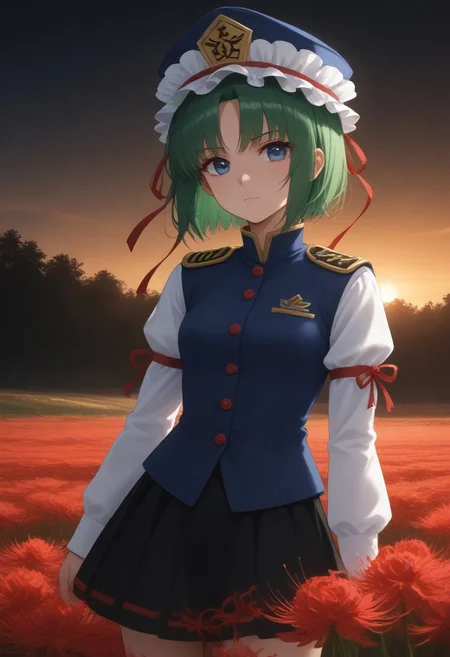 1girl, solo, solo focus, highres, absurdres, shikieiki, green hair, frilled hat, blue eyes, blue headwear, short hair,
long sleeves, black skirt, white shirt, blue vest, red ribbon, epaulettes, small breasts, arm ribbon, buttons,
looking afar,
red spider lily, flower field, night, night sky, red sky, backlighting,