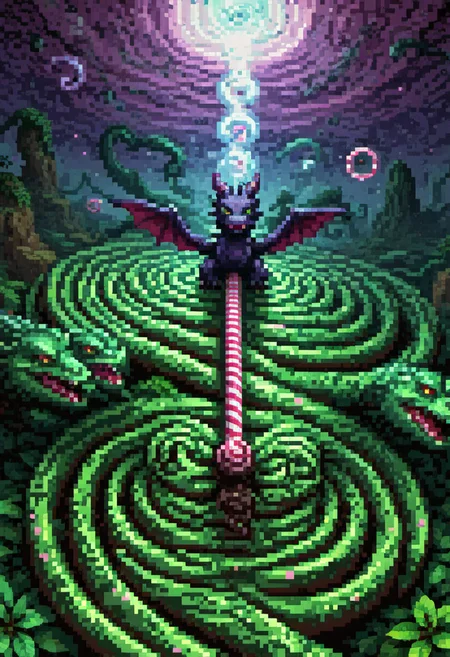 pixel art, digital art, An intricate black licorice maze stretching endlessly into the horizon, with explorers made of peppermint candies navigating its twists and turns. Overhead, a licorice whip dragon coils menacingly in the sky. Rendered in dark fantasy style with hyper-detailed textures and dramatic chiaroscuro lighting, the scene humorously reflects on lifeâs challenges and the bittersweet nature of perseverance.