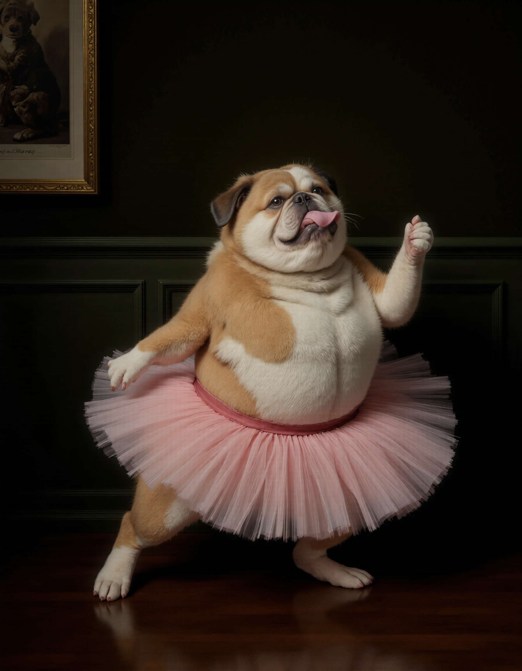 Rembrandt style full body shot of <lora:funnys:1>, This is a high-resolution, CGI-rendered photograph of a fluffy, tan and white pug dog dressed in a ballet tutu. The dog is depicted mid-ballet pose, with one paw raised elegantly in the air, and the other firmly planted on the floor. The tutu is a soft, pastel pink, adding a whimsical and playful element to the image. The dog's fur is meticulously detailed, showcasing its fluffy texture and the intricate patterns of its fur, including the distinctive markings on its face., The background features a dark green wall with elegant wainscoting, adding a classic and sophisticated atmosphere to the scene. On the wall to the left, there is a framed photograph of another dog, which adds to the whimsical and humorous theme of the image. The floor is made of polished, dark wooden planks, which contrast with the light colors of the dog and tutu. The overall composition and lighting create a warm and inviting environment, emphasizing the playful and humorous nature of the scene. The image captures the essence of a dog's natural grace and charm, combined with a whimsical, human-like pose and attire, making it a humorous and endearing portrayal.. Whole outfit, clear, sharp, balanced . Baroque, chiaroscuro, realistic, emotional, "flat lighting