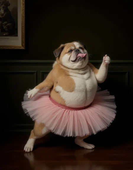 Rembrandt style full body shot of <lora:funnys:1>, This is a high-resolution, CGI-rendered photograph of a fluffy, tan and white pug dog dressed in a ballet tutu. The dog is depicted mid-ballet pose, with one paw raised elegantly in the air, and the other firmly planted on the floor. The tutu is a soft, pastel pink, adding a whimsical and playful element to the image. The dog's fur is meticulously detailed, showcasing its fluffy texture and the intricate patterns of its fur, including the distinctive markings on its face., The background features a dark green wall with elegant wainscoting, adding a classic and sophisticated atmosphere to the scene. On the wall to the left, there is a framed photograph of another dog, which adds to the whimsical and humorous theme of the image. The floor is made of polished, dark wooden planks, which contrast with the light colors of the dog and tutu. The overall composition and lighting create a warm and inviting environment, emphasizing the playful and humorous nature of the scene. The image captures the essence of a dog's natural grace and charm, combined with a whimsical, human-like pose and attire, making it a humorous and endearing portrayal.. Whole outfit, clear, sharp, balanced . Baroque, chiaroscuro, realistic, emotional, "flat lighting