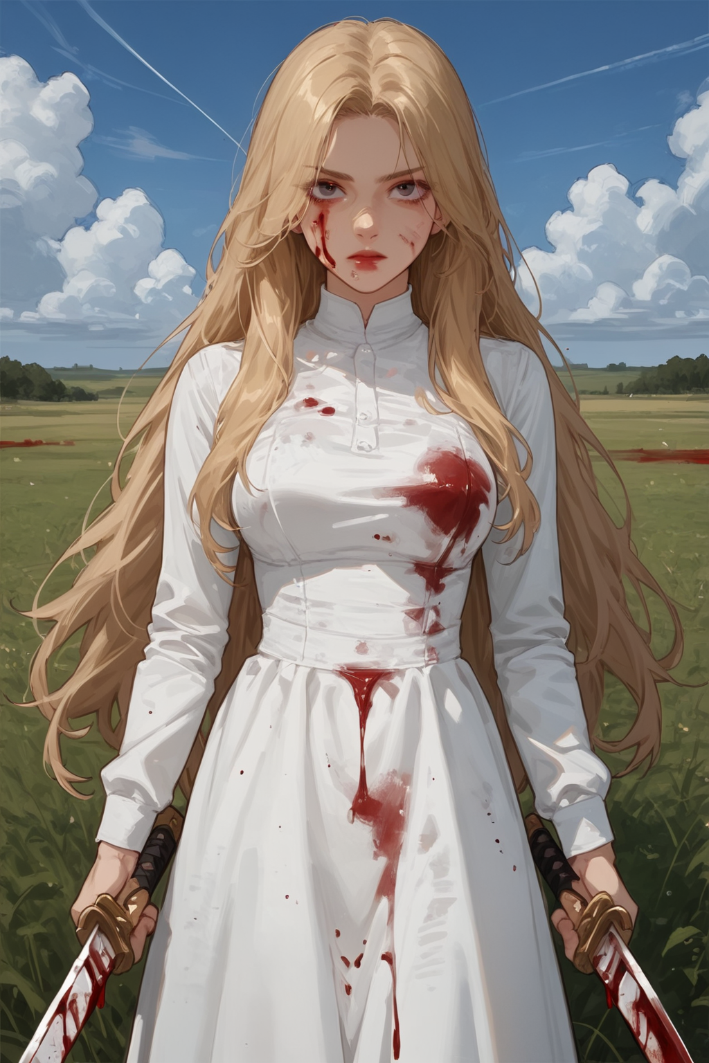 1girl, weapon, dress, long hair, solo, blonde hair, sword, blood on clothes, white dress, blood, looking at viewer, holding, holding weapon, outdoors, holding sword, standing, long sleeves, , field, sky, cloud, breasts
 <lora:re--mix50:1>