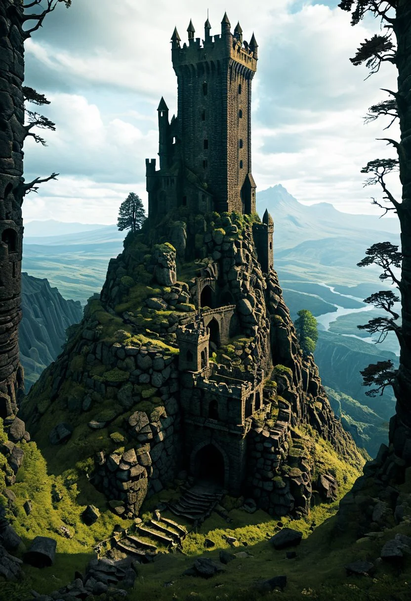 <lora:TheWeirdies_epoch_10:0.78>, epiCPhotoGasm-colorfulPhoto , advntr ,
score_9, score_8_up, score_7_up, score_6_up
Durlag's Tower was a large tower that was said to be haunted by a powerful entity, as well as one that housed immeasurable treasure. ((game of thrones aesthetic, cinema still from dynamic scene)), The fortress was located south of the Wood of Sharp Teeth, a couple of miles from the small settlement of Gullykin. The tower was built entirely of volcanic stone and was in fair condition given the amount of time and neglect involved. It laid atop a volcanic plug that dominated the surrounding lands. Durlag Trollkiller, aided by hired dwarves, was said to have hollowed out the mountain for the rock that made up his tower and used the space created to hide further treasure. This local landmark was the isolated keep of Durlag Trollkiller, son of Bolhur the Clanless, Many adventurers sought his treasure over the decades, with varying degrees of success. Around 1372 DR, rumors said a fiend had taken up residence within the remains of the tower and used the defenses created by Durlag to keep both itself and the treasure safe. Some claimed that this creature was a lich.
no humans
((massively large towering fortress, dark woods surround, built of volcanic stone, mountain, dark, ballistas on the battlements))