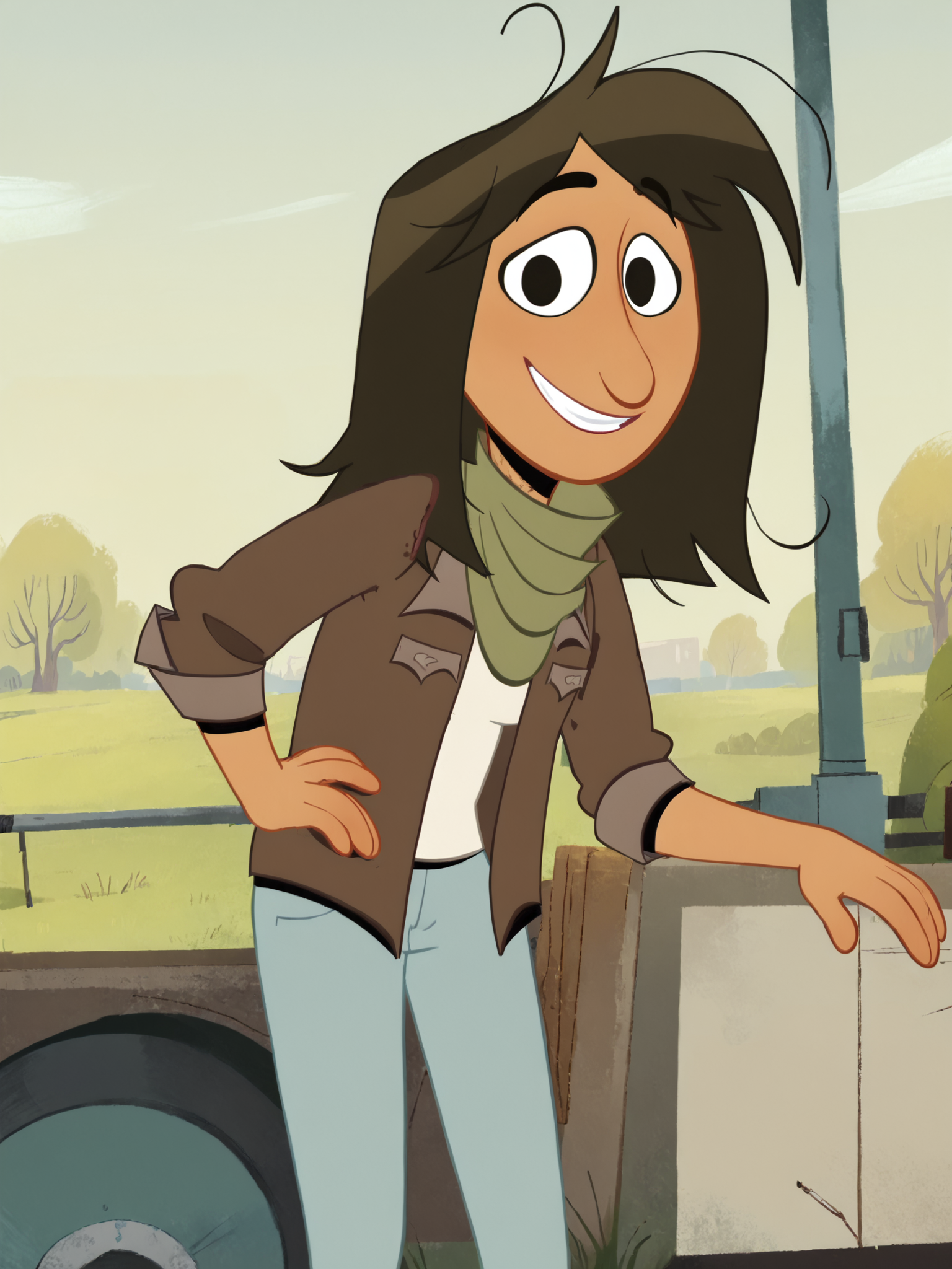 <lora:LeahPony1.0:1> leah, solo, brown hair, 1girl, long hair, black eyes, smile, brown jacket, green scarf, white shirt, jeans, smile, outdoors, looking at viewer, hand on own hip,breasts, score_9, score_8_up, score_7_up, score_6_up, score_5_up, score_4_up