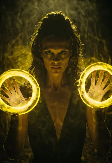 Bama1966 Style, Describe the silhouette of catwomans glitched hands casting circular spells, circular vibrant glowing yellow rings in each hand, against a bleaked black backdrop in the style of the iconic 1977 James Bond opening sequence, shrouded in black silhouette, illuminated from behind by a spotlight cutting through mist.
atmospheric haze, Film grain, cinematic film still, highly detailed, high budget, cinemascope, moody, epic, OverallDetail, gorgeous, 2000s vintage RAW photo, photorealistic, candid camera, color graded cinematic, eye catchlights, atmospheric lighting, skin pores, imperfections, natural, shallow dof,