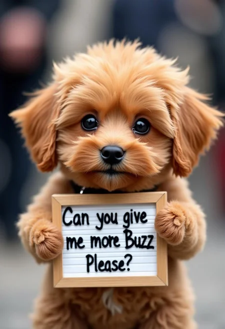 a cute liitle dog holding a board that says "Can you give me more Buzz please?"