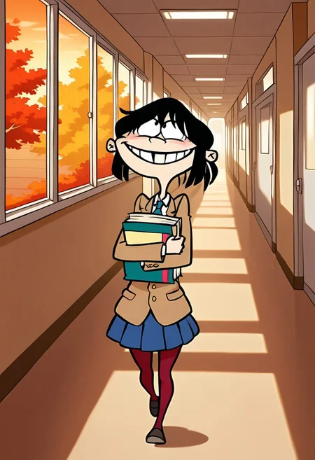 eddboi, sockhead, 1girl, solo, female, adult, woman, short hair, black hair, brown blazer, blue skirt, school hallway, walking, holding books, hugging books, smiling, grin, cute, wholesome, autumn, looking in distance,