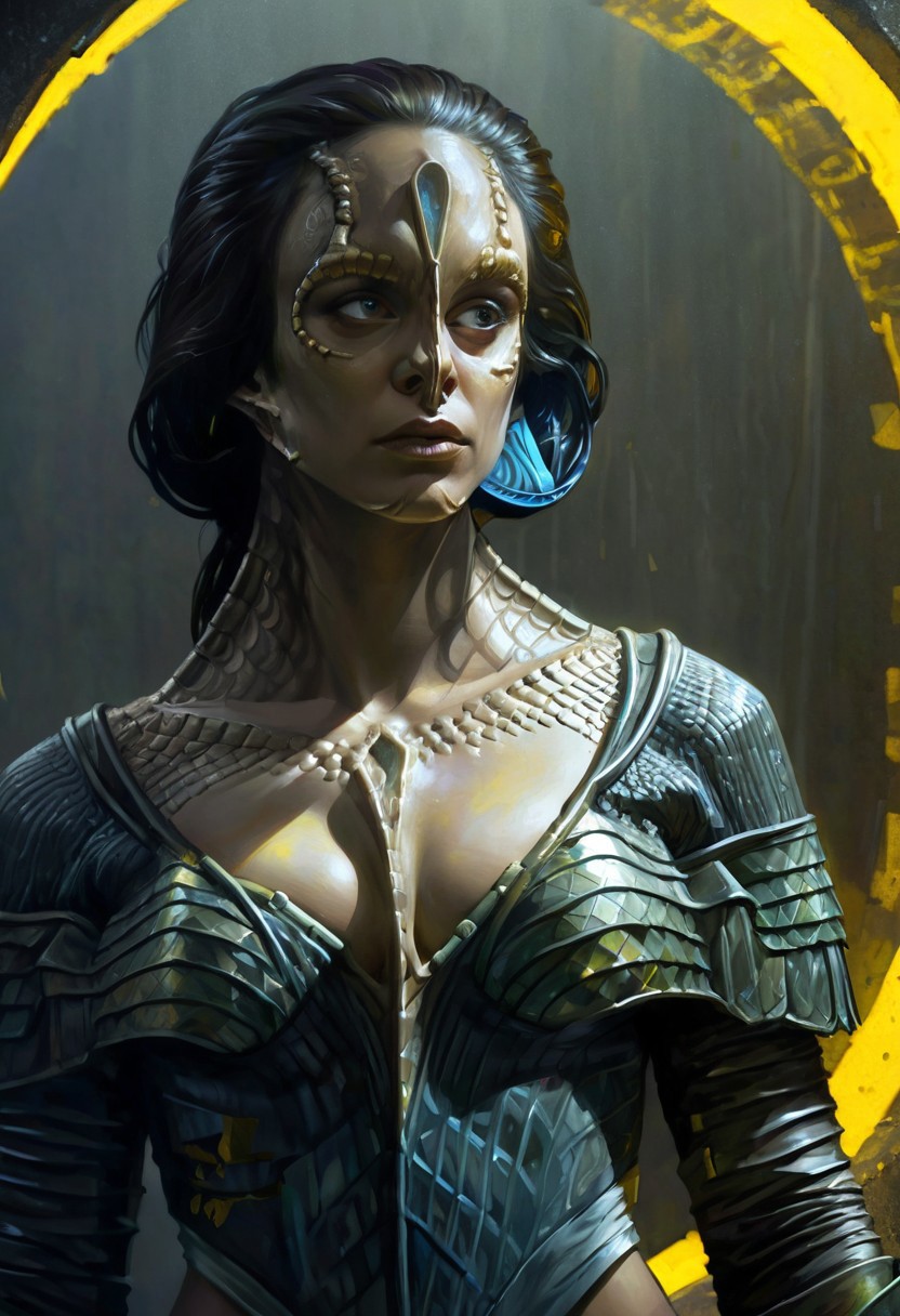 (a female c4rd45514n alien, forehead crest, grey skin, ridges, scales), erotic, dynamic, moody, shadows, highly detailed, low cut strapless breastplate armor, cleavage, midriff, digital painting, artstation, concept art, smooth, sharp focus, illustration, art by Carne Griffiths and Wadim Kashin, good shadows, dim lit, devoid of color, low light, back light, hidden, obscured, black  hair, prismatic, monolith, obsidian, bright yellow god rays, sun circle