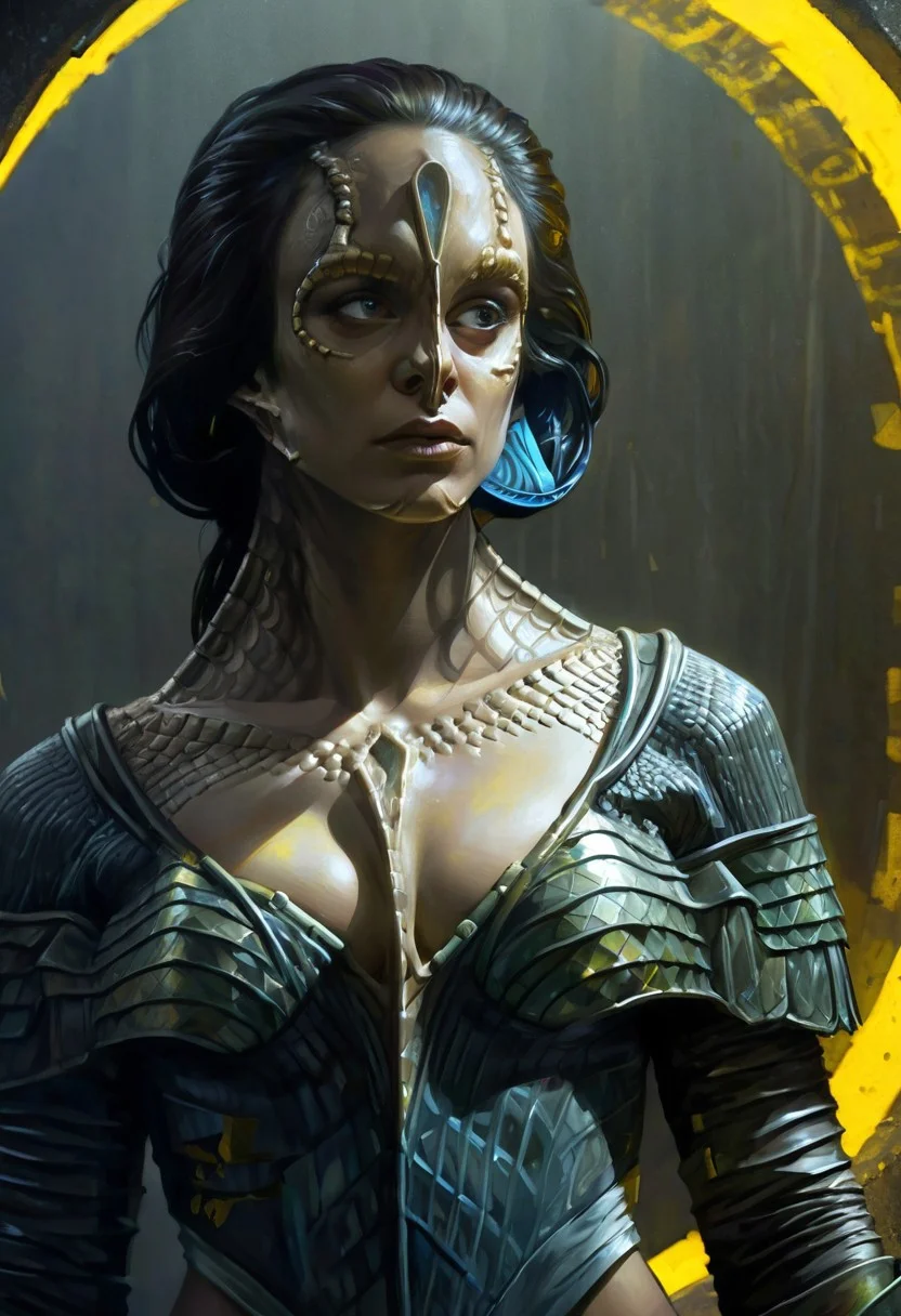 (a female c4rd45514n alien, forehead crest, grey skin, ridges, scales), erotic, dynamic, moody, shadows, highly detailed, low cut strapless breastplate armor, cleavage, midriff, digital painting, artstation, concept art, smooth, sharp focus, illustration, art by Carne Griffiths and Wadim Kashin, good shadows, dim lit, devoid of color, low light, back light, hidden, obscured, black hair, prismatic, monolith, obsidian, bright yellow god rays, sun circle