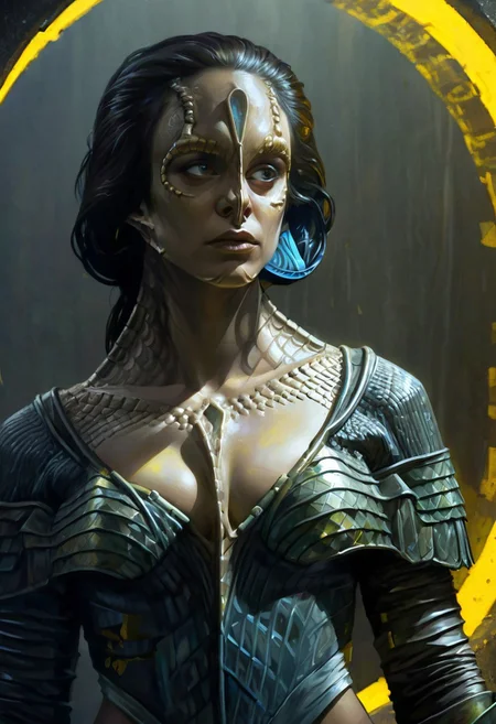 (a female c4rd45514n alien, forehead crest, grey skin, ridges, scales), erotic, dynamic, moody, shadows, highly detailed, low cut strapless breastplate armor, cleavage, midriff, digital painting, artstation, concept art, smooth, sharp focus, illustration, art by Carne Griffiths and Wadim Kashin, good shadows, dim lit, devoid of color, low light, back light, hidden, obscured, black hair, prismatic, monolith, obsidian, bright yellow god rays, sun circle