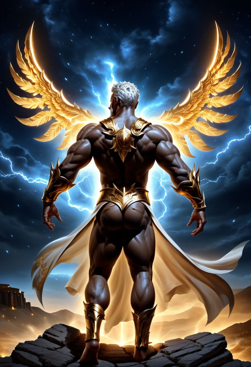 4k, digital art, semi realistic, fantasy, best quality, masterpiece, very detailed, dynamic angle, dynamic pose, seen from the back, pov from the back, back view portrait of a male bodybuilder, huge bodybuilder, mature, massive arms, huge pectorals, short hair, white hair, white beard, long beard, handsome, big nose, big eyes, anime eyes, greek god, wearing a greek tunic, ancient greece, fighting, holding a golden thunder, surrounded by thunder, night sky on the background (cinematic light, volumetric),