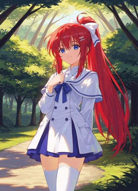 score_9, score_8_up, score_7_up, masterpiece, best quality, absurdres, official art, official style, anime screencap, megami magazine, zPDXL2, zPDXLxxx, <lora:Shiratori Mikoto (In'youchuu Chiroku ver) Pony v1_epoch_10:0.7>, 1girl, solo focus, shiratori_mikoto, large breasts, BREAK, (blue eyes:1.1), BREAK, red hair, long hair, ponytail, sidelocks, bangs, BREAK, hair ribbon, white ribbon with blueline, BREAK, school uniform, capelet, white jacket with black sideline, BREAK, red ribbon, BREAK, white skirt with black lining, pleated skirt, sawtooth hem, BREAK, (white thighhighs:1.2), BREAK, <lora:neg4all_bdsqlsz_xl_V91:1.0> <lora:ALTXL_pony_0061_8:2.0>, <lora:detailed_hands-000002:1>, hand outdoors, national parks, grasslands, tree, standing, dim lighting, light particles, closed eyes, smile, looking at viewer, A girl standing under a large tree in a park during the early morning, with sunlight from the sunrise streaming through the branches. She has one hand resting on the tree trunk, casting long shadows across the park. The scene captures the serene, fresh atmosphere of the early morning with golden light illuminating the girl's silhouette and creating a peaceful, contemplative mood.