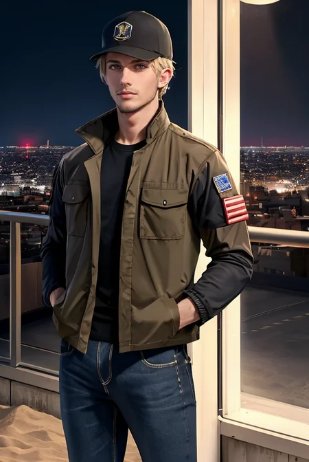 (masterpiece, best quality, high quality, highres, ultra-detailed), city, scenery, night, building, sign, cityscape, pantyhose, skyscraper, street lights, 
solo, 1boy, gray eyes, short Crew Cut, sand blonde hair, triangular face, looking at viewer, outdoors, hands in pockets, khaki jacket, black  loose jeans, black baseball cap, 
AS-Adult, Asian-Less, OverallDetail,