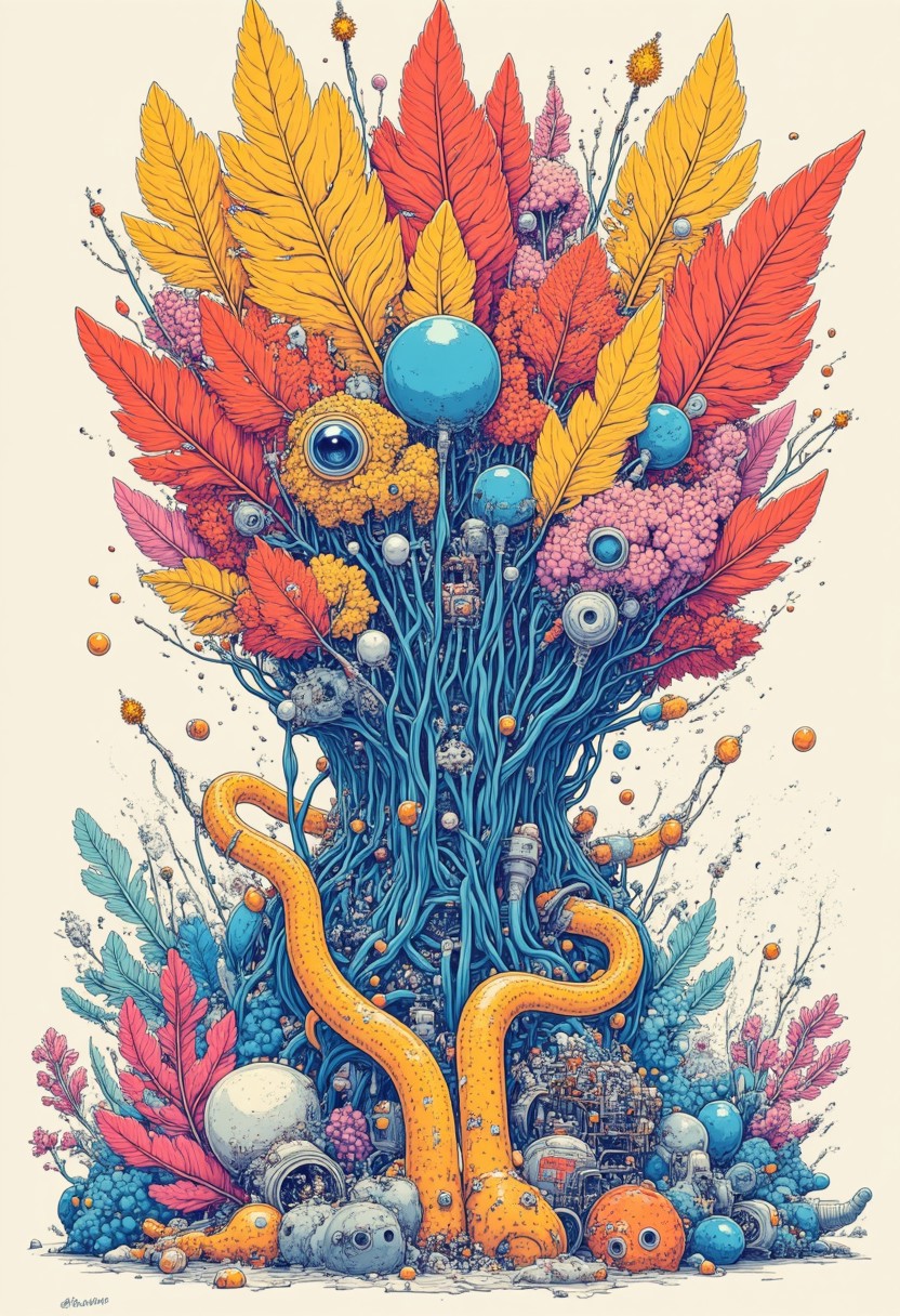 A hi-res, highly detailed, Risograph print, balanced composition. Overlapping layers of ink. Realism surreal Japanese Yokai Cosmogony, natural shapes and subjects. Cyan, Magenta, Yellow and Black.