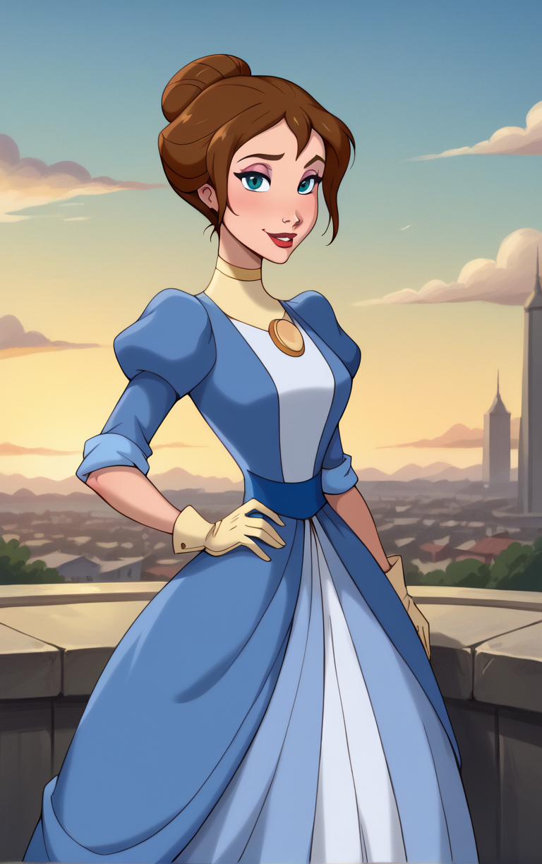 score_9, score_8_up, score_7_up, looking at viewer,  BREAK
BlueDress_JanePorter_ownwaifu, 
1girl, blue eyes, breasts, brown hair, single hair bun, short hair, makeup, lipstick, jewelry, hair bun, lips, necklace, red lips, 
blue dress, brooch, long dress, puffy sleeves, sleeves rolled up, turtleneck, yellow gloves, dress, gloves, juliet sleeves, white gloves, choker,
(contrapposto, hand on hip), sunset, sidelighting, cityscape, vanishing point, outdoors, <lora:PONYXL_Tarzan_JanePorter_ownwaifu:0.85> , depth of field, solo,