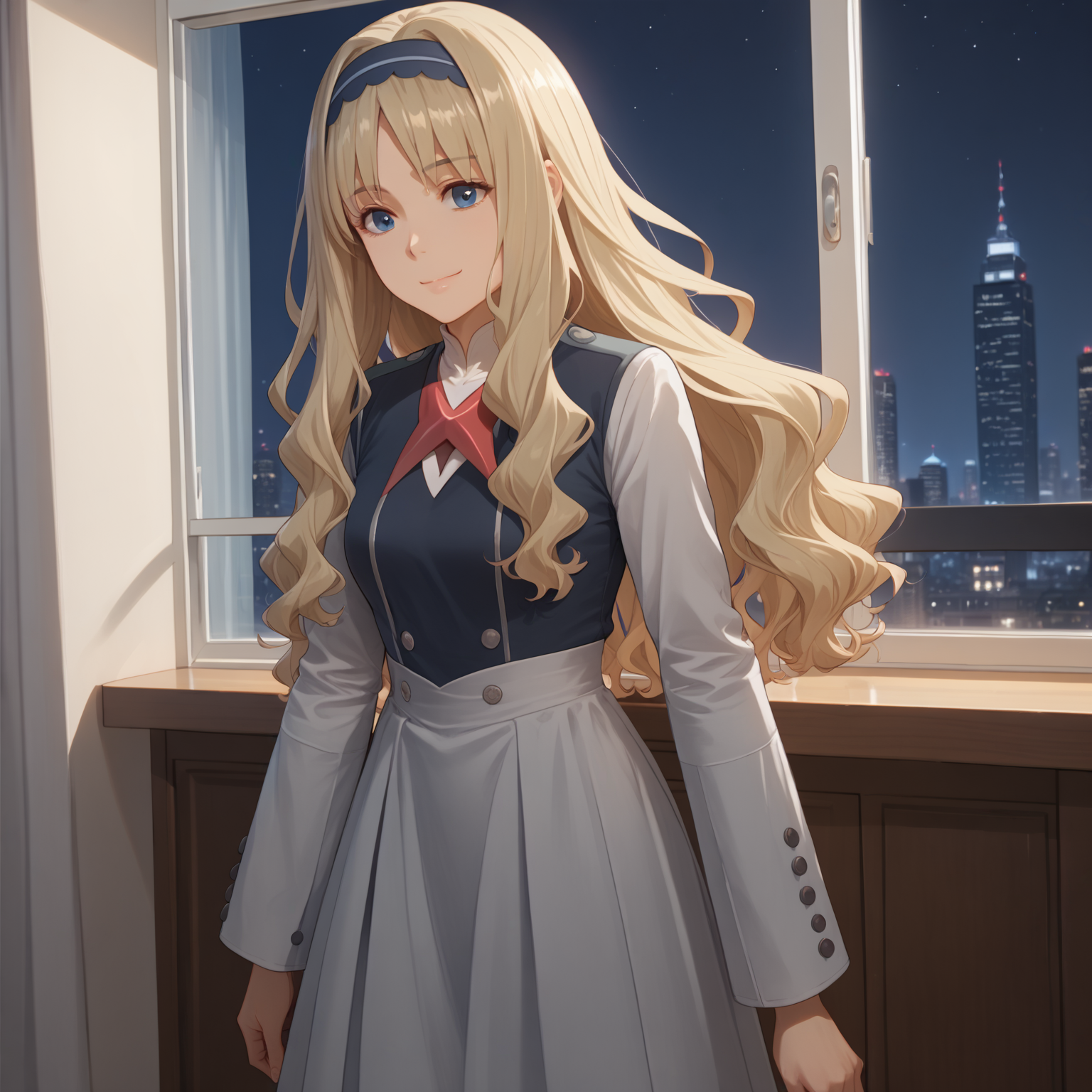 <lora:Kokoro Code 556 - Darling in the Franxx-000020:1>, 1girl, solo, Kokoro556, blue hairband, blue eyes, blonde hair, long hair, uniform, black socks, cowboy shot, night, bedroom, window, cityscape, best quality, smile, score_9, score_8_up, score_7_up, source_anime, <lora:add-detail-xl:1>,