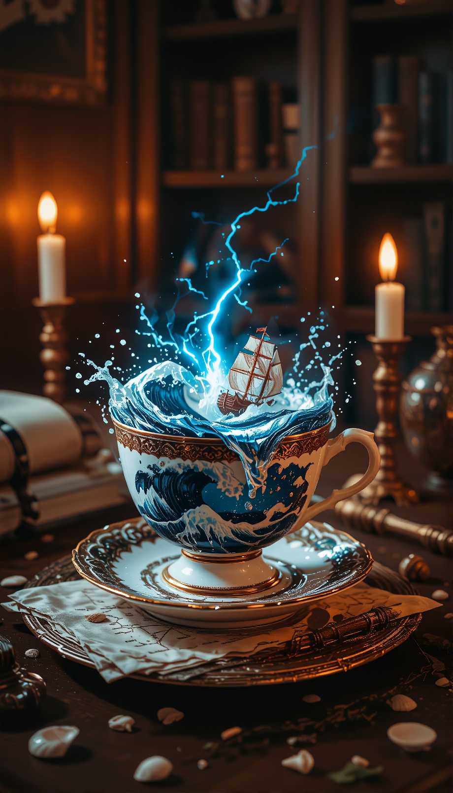 A cinematic miniature fantasy scene emerging from an antique porcelain teacup sitting on an ornate saucer, placed on a wooden table in a candle-lit study. Inside the teacup, a violent miniature ocean swirls, with towering waves, a stormy sky, lightning bolts, and a small wooden sailboat caught in the chaos. Water spills slightly over the rim as if reality is breaking through. Surrounding the cup are a soaked embroidered napkin, a cracked compass, a torn map showing ocean currents, and scattered tiny seashells and seaweed. Warm candlelight flickers across the surface, vivid style, magical atmosphere
