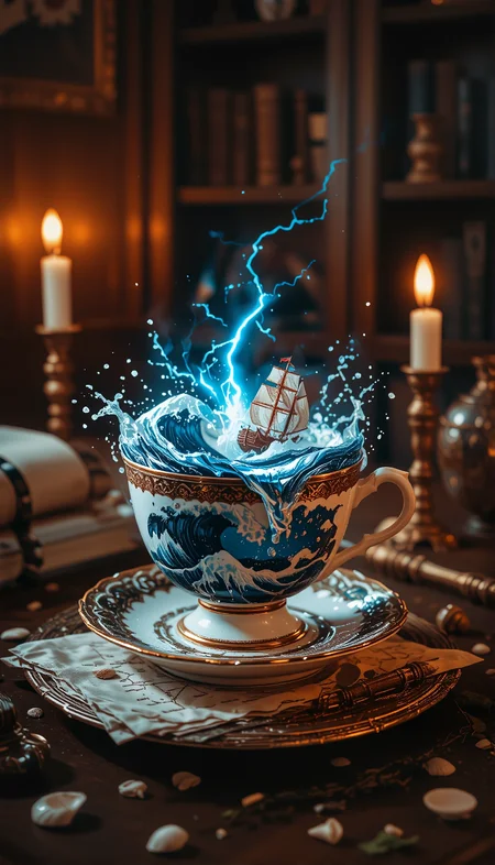 A cinematic miniature fantasy scene emerging from an antique porcelain teacup sitting on an ornate saucer, placed on a wooden table in a candle-lit study. Inside the teacup, a violent miniature ocean swirls, with towering waves, a stormy sky, lightning bolts, and a small wooden sailboat caught in the chaos. Water spills slightly over the rim as if reality is breaking through. Surrounding the cup are a soaked embroidered napkin, a cracked compass, a torn map showing ocean currents, and scattered tiny seashells and seaweed. Warm candlelight flickers across the surface, vivid style, magical atmosphere