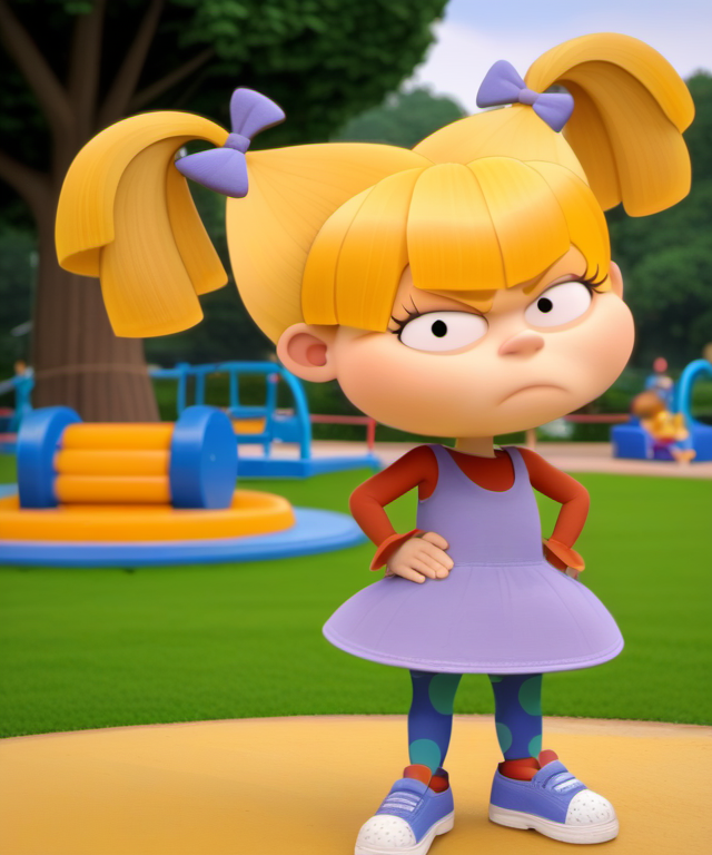 1girl, ang2021, official style, looking at viewer, scowl, child, blonde hair, twintails, hand on hip, dress, bow, shoes, hair bow, short twintails, pantyhose, park playground, <lora:ang2021>,