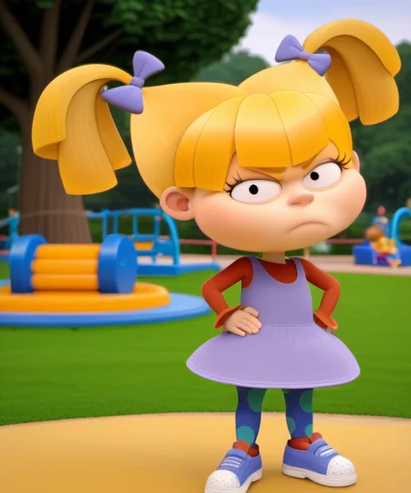 1girl, ang2021, official style, looking at viewer, scowl, child, blonde hair, twintails, hand on hip, dress, bow, shoes, hair bow, short twintails, pantyhose, park playground, <lora:ang2021>,