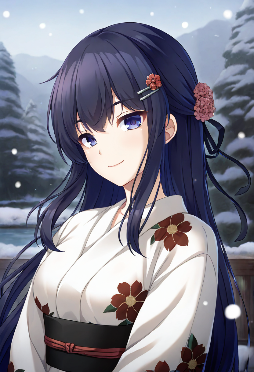 masterpiece,best quality,amazing quality,absurdres,aesthetic,newest,ultra detailed,realistic,
kagami siyuri \(haison\),1girl, solo, dark slateblue hair, very long hair, half updo, hair between eyes, sidelocks, floating hair,
hairclip, hair flowers, 
head_tilt,seductive_smile,looking at viewer,upper_body,white kimono, wide sleeves,obi, floral print, snow, snowing, water,print kimono,upper body,
 <lora:kagami_siyuri_noob_vpred10_v10:0.8>