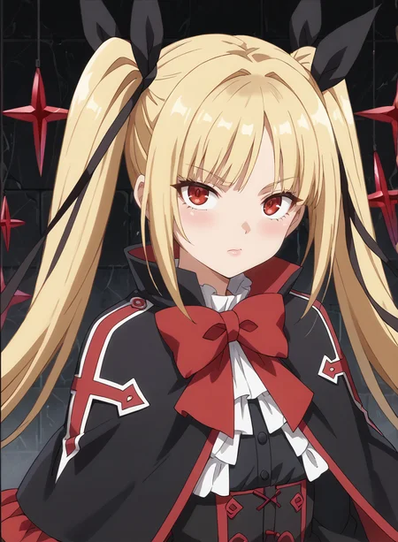 score_9, score_8_up, score_7_up, score_6_up, score_5_up, score_4_up, source_anime, anime screencap, masterpiece, insanely detailed, detailed background, zPDXL3, BREAK, RachelAlucardBB,1girl,solo,long hair,blonde hair,red eyes,red bow,ribbon,twintails,black hair ribbon,small breasts,frills,red bow,ghotic fashion,black capelet ,red cross pattern,black dress
