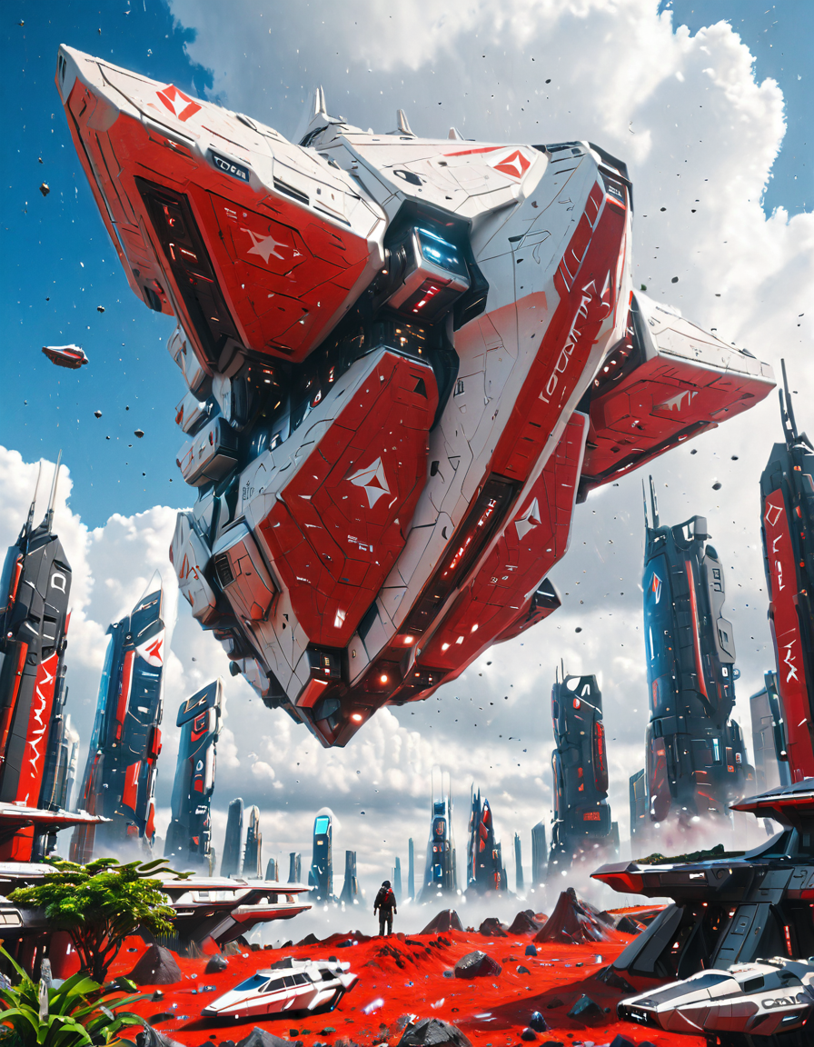 <lora:SW_Minis_7xlc:1> huge angular design spacecraft, cyberpunk cityscape, red war paint, tiny human under, tiny vegetation, rocks, flying dust, rocks, day,