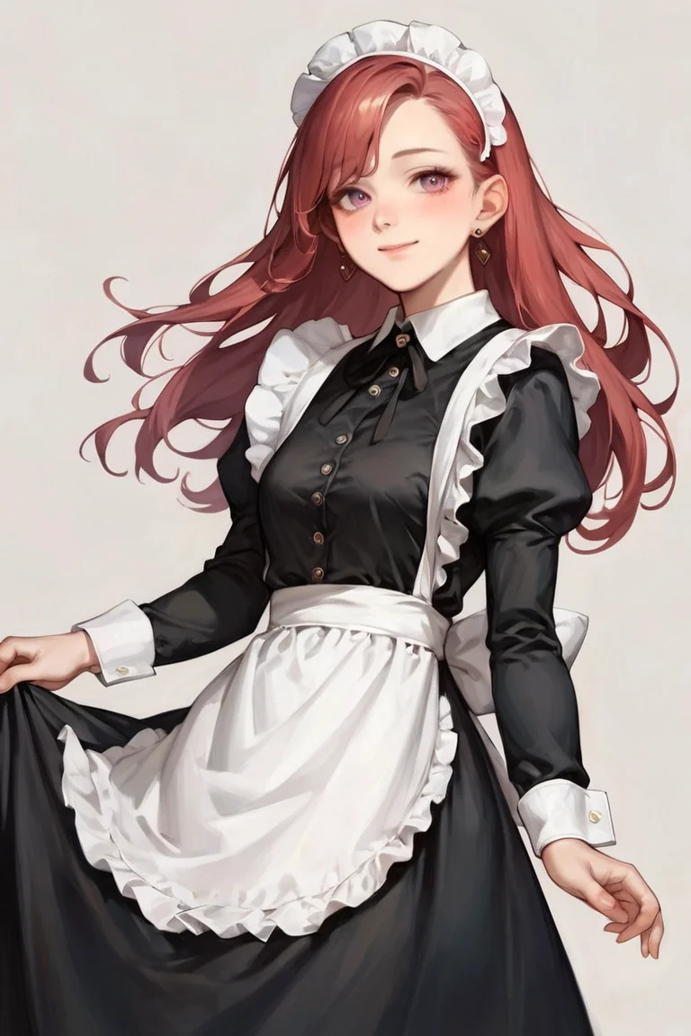 score_9, score_8_up, score_7_up, score_6_up, score_5_up, score_4_up, rating_safe, 1girl, breasts, solo, blush, maid headdress, maid, looking at viewer, smile, grey background, simple background, apron, red hair, long hair, small breasts, closed mouth, pink eyes, long sleeves, earrings, jewelry, maid apron, spot color, dress <lora:Oil Painting Style XL:1>