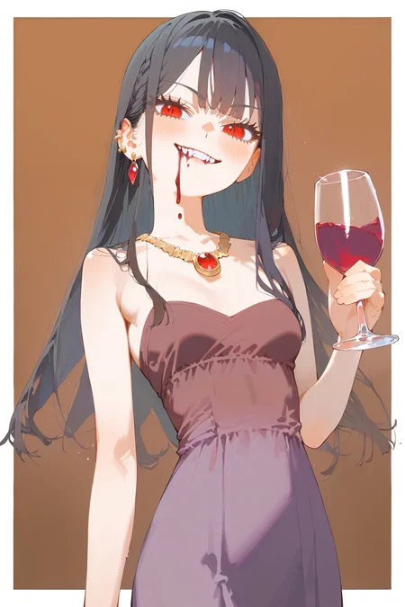 (score_9, score_8_up:1.1),score_7_ up,highly detailed,
BREAK
1girl,petite,Vampire princess,beauty,long black hair,piercing red eyes,purple short dress gold accents,necklace with gemstone,small breast,standing,holding red wine glass,blood dripping from mouth,smirk,<lora:tsuneponyv2:1>,<lora:Illustrations_for_children:1>,<lora:naip33:0.85>,<lora:detailed_notrigger:1>,