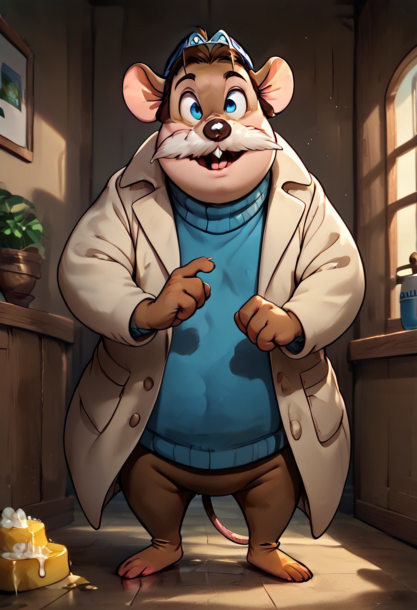 zPDXL2, score_9, score_8_up, score_7_up, highly detailed fur, score_6_up, Cartoon, detailed background, 4k, ultra detailed, hi_res, full body view, 1boy,Monterey Jack mouse, Monterey_Jack, mouse boy, anthro mouse, mouse feet, mouse tail, 4 fingers on each hand, fat, 4 toes on each foot, detailed face, white sclera, shiny blue iris, highly detailed, one tail, big eyes, front view, brown fur