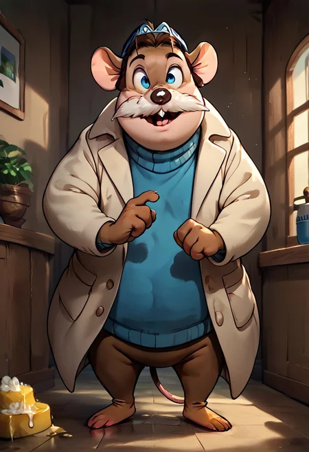 zPDXL2, score_9, score_8_up, score_7_up, highly detailed fur, score_6_up, Cartoon, detailed background, 4k, ultra detailed, hi_res, full body view, 1boy,Monterey Jack mouse, Monterey_Jack, mouse boy, anthro mouse, mouse feet, mouse tail, 4 fingers on each hand, fat, 4 toes on each foot, detailed face, white sclera, shiny blue iris, highly detailed, one tail, big eyes, front view, brown fur