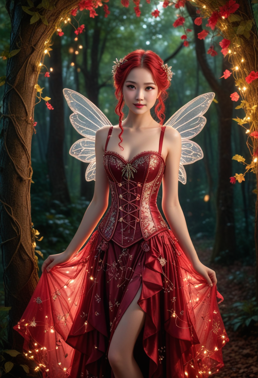 (medium full shot) of (enchanting fairy) young woman, chinese, dark eyes, fair skin, petite,             wearing a shimmering corset,flowing skirt with sparkling details, satin slippers with bow details, ruby red braided hair with tiny blossoms, glowing crystal wings, sparkling eyeshadow,intricate vine bracelet, smiling at the viewer, set in  an enchanted forest, where towering trees with glowing leaves create a canopy of light, and the air is filled with the soft hum of magic, under the moonlight, Masterpiece,best quality, photorealistic, amazing quality, very aesthetic, extremely detailed face,