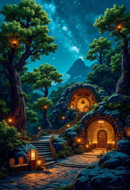 The Ethereal Wildwood Observatory
A floating woodland terrace, where massive bioluminescent ferns sway against the backdrop of a starlit nebula, their translucent leaves refracting the cosmic light. Dark oak walkways, intertwined with moss and celestial vines, lead to hidden alcoves carved into drifting meteorite stones, covered in gold-leaf biophilic murals depicting forgotten constellations. Small hanging lanterns of liquid crystal hover above, casting soft, shifting shadows across the walls. The air smells of warm amber, fresh basil, and a hint of glowing fungi, while the rhythmic pulse of deep space tides thrums beneath the surface of reality.