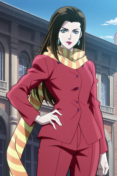 anime screencap, anime coloring, detailed face, masterpiece, best quality, very aesthetic, absurdres, volumetric lighting, official style, amazing quality, ultra detailed,  highres, amazing quality, scenery, beautiful detailed hair, beautiful detailed eyes, defined fingers,
 <lora:JoJos_Bizarre_Adventure_Battle_Tendency_JoJos_Bizarre_Adventure_Battle_Tendency_-_11_Outfits:1>
Outfit 1 Red Suit, Lisa Lisa (character), 1girl, solo, building, dark brown hair, blue eyes, striped scarf, long hair, striped clothes, hand on own hip, standing, pants, lipstick, sky, cowboy shot, looking at the viewer, smile