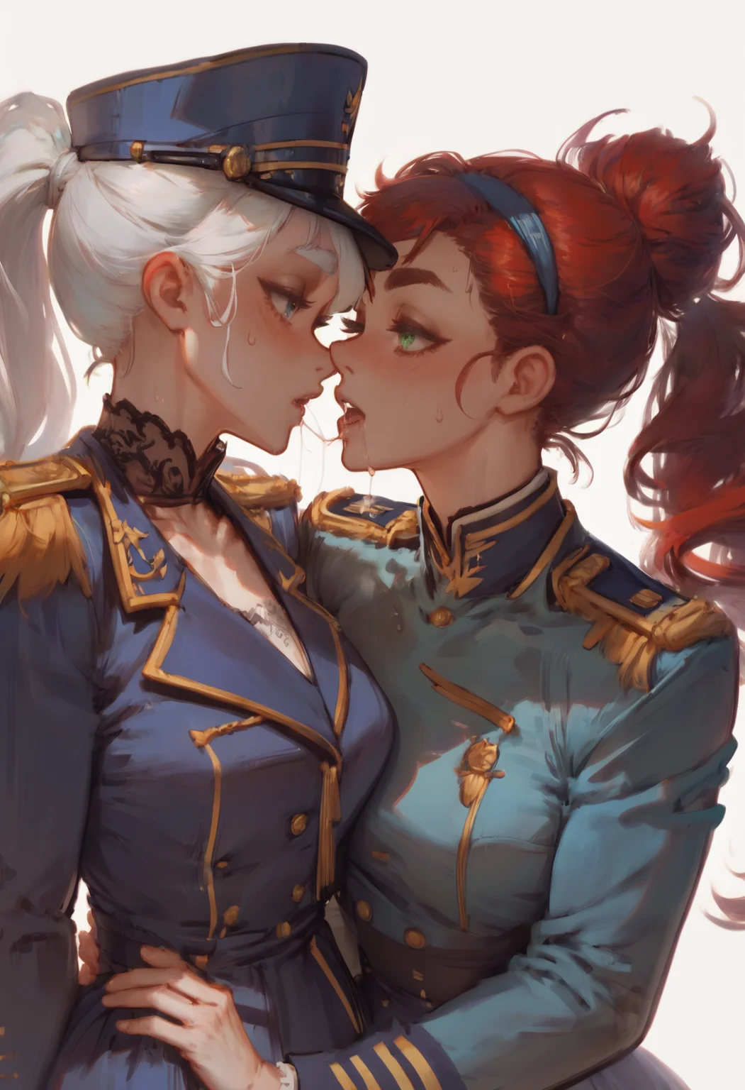 2girls, miorine rembran, suletta mercury, after kiss, blue dress, collarbone, couple, dress, epaulettes, eye contact, green eyes, grey eyes, hair bun, hairband, hat, hug, long hair, looking at another, military hat, military uniform, multiple girls, ponytail, red hair, saliva, saliva trail, simple background, sweat, thick eyebrows, uniform, white background, white hair, yuri
BREAK best quality, score_9, score_8_up, score_7_up, score_6_up, score_5_up, score_4_up, <lyco:MIX-GEM-D1 adamw8bit-P1:1>