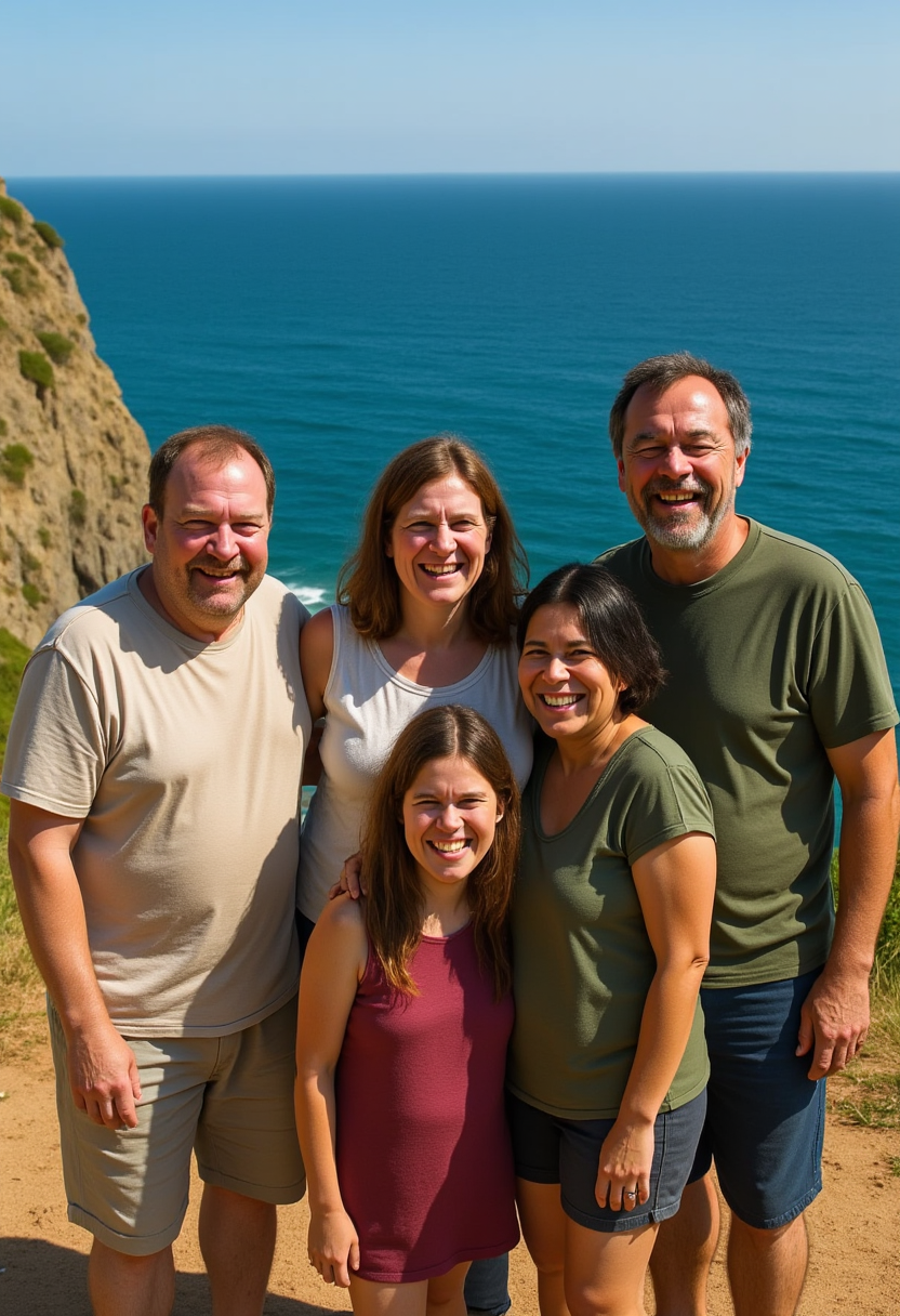a group of four people standing next to each other on a cliff overlooking the ocean. They are all smiling and appear to be enjoying the view. The sky is a bright blue and the ocean is a deep blue-green. On the left side of the image, there is a hill with lush green grass.