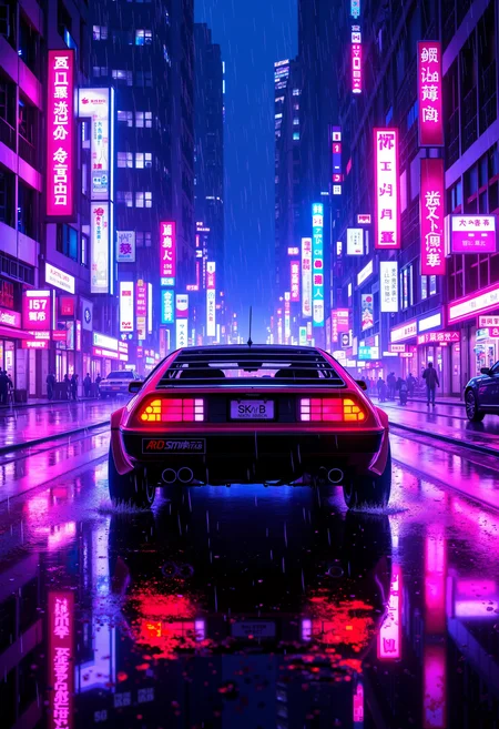 bo-neon, neon-glow, vibrant light, electric pattern, a digital illustration depicting a futuristic, neon-lit cityscape at night, the scene is dominated by a rich, dark red DeLorean dmc-12 from the back, with its sleek, aerodynamic design and iconic rear lights, the car is positioned in the center of the image, slightly off-center, giving a sense of motion, the background features a bustling cityscape with tall buildings, illuminated by numerous neon signs in various colors, including pink, blue, and purple, creating a vibrant, futuristic atmosphere, rain is depicted falling from the sky, adding to the urban ambiance, the ground is wet, reflecting the neon lights and creating a mirror image of the car, the overall style is highly detailed and realistic, with a focus on the car's sleek design and the dynamic, almost ethereal quality of the scene, the illustration captures a blend of realism and fantasy, blending elements of cyberpunk and sci-fi aesthetics<lora:Flux\boFLUX Neon Abyss.safetensors:1.0:1.0>