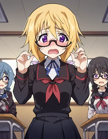score_9, score_8_up, score_7_up, source_anime, <lora:charlotte-dunois-s2-ponyxl-lora-nochekaiser:1>, charlotte dunois, long hair, blonde hair, ribbon, purple eyes, ponytail, hair ribbon, medium breasts,, <lora:jimiko-ponyxl-lora-nochekaiser:1>, jimiko, glasses, black-framed eyewear, messy, unkempt, thick eyebrows, twintails, braids, freckles, baggy eyes,, blush, open mouth, embarrassed, classroom, adjusting eyewear, serafuku, black serafuku, red neckerchief, skirt, black skirt, pleated skirt, cowboy shot, <lora:averting-eyes-ponyxl-lora-nochekaiser:1>, averting eyes,