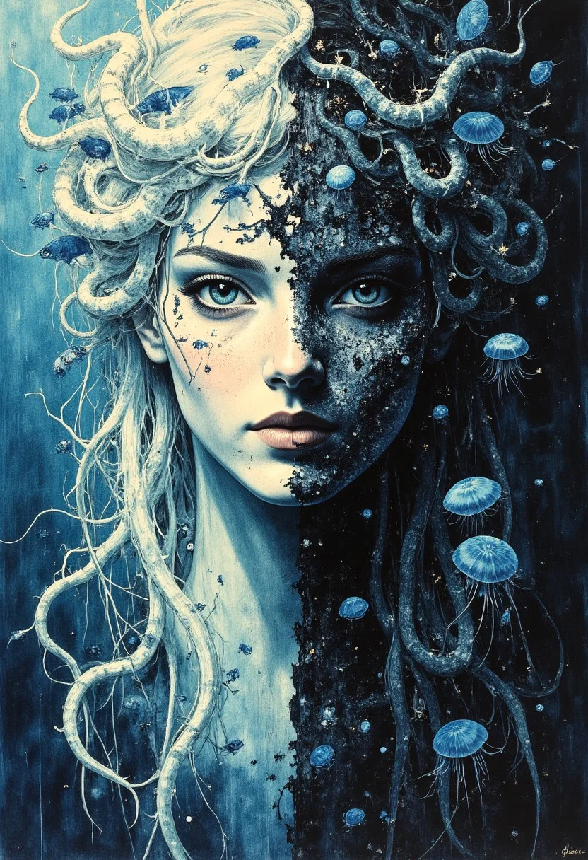 "Neryssa & Vireth," twin-faced ocean goddess, the eternal tide, hyperdetailed, 8k resolution concept art, WLOP, Moebius, hyperrealism, digital painting, suspended weightlessly in the endless depths, one half bathed in soft ethereal light, silken translucent garments flowing like water, delicate hands caressing swirling schools of fish, the other half draped in shadow, skeletal coral armor wrapped around her form, abyssal eyes piercing through the void, ink-black tentacles slithering from beneath her tattered robes, an underwater halo of glowing jellyfish crowning her presence, the balance of destruction and creation in a single divine being, rendered in fluid cinematic perfection by Pablo Amaringo.
