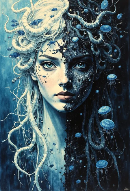 "Neryssa & Vireth," twin-faced ocean goddess, the eternal tide, hyperdetailed, 8k resolution concept art, WLOP, Moebius, hyperrealism, digital painting, suspended weightlessly in the endless depths, one half bathed in soft ethereal light, silken translucent garments flowing like water, delicate hands caressing swirling schools of fish, the other half draped in shadow, skeletal coral armor wrapped around her form, abyssal eyes piercing through the void, ink-black tentacles slithering from beneath her tattered robes, an underwater halo of glowing jellyfish crowning her presence, the balance of destruction and creation in a single divine being, rendered in fluid cinematic perfection by Pablo Amaringo.