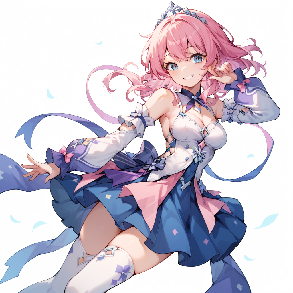 score_9, score_8_up, score_7_up,
simple background, smile,
1girl, march7thdress, detached sleeves, dress, pink hair, thighhighs, 
<lora:march7th_dress_pony_v1:0.4>