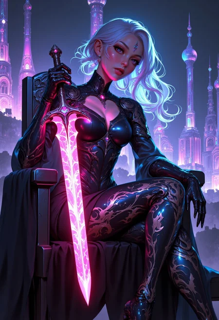 A futuristic female cyborg sits with commanding poise on a sleek, high-tech throne crafted from polished metal and glowing neon circuitry. The throne hums faintly with energy, its surface etched with intricate, futuristic patterns that pulse softly with pink and white light. Her cybernetic features are a perfect blend of human beauty and advanced technology—her face is partially metallic, with glowing pink lines tracing across her cheekbones and temples, framing her piercing, luminescent eyes. Her expression is calm yet intimidating, exuding control and intelligence.
Beside her, she holds a pink glowing blade, its sharp, streamlined design radiating a pulsing neon light. The blade’s surface is smooth and reflective, with faint digital patterns running along its length.
Her armor is a marvel of futuristic design, blending lightweight metallic plating with flexible synthetic materials. The suit is accented with glowing pink energy lines that run along her arms, legs, and torso, highlighting her cybernetic enhancements.
The background is a sprawling futuristic cityscape, filled with towering skyscrapers and glowing holograms that dominate the night sky. Neon lights in shades of pink, blue, and violet reflect off metallic surfaces, while flying vehicles zip through the air.