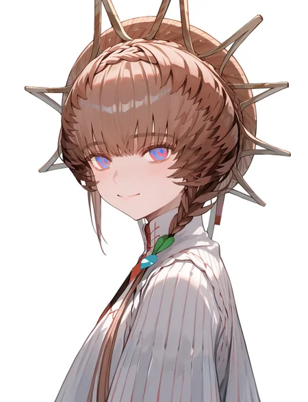 1girl, (score_9,score_7_up:1.3), score_8_up, (absurdres, highres:1.2) , ultra detailed, detailed skin, hyper detailed skin, source_anime,
smile, closed mouth,
<lora:Goghie:1>1girl, solo, brown hair, side braid, braid, crown braid, straw hat, striped headwear,
white background,
(empty eyes:0.5), multicolored eyes <lora:gogh-eyes:1>